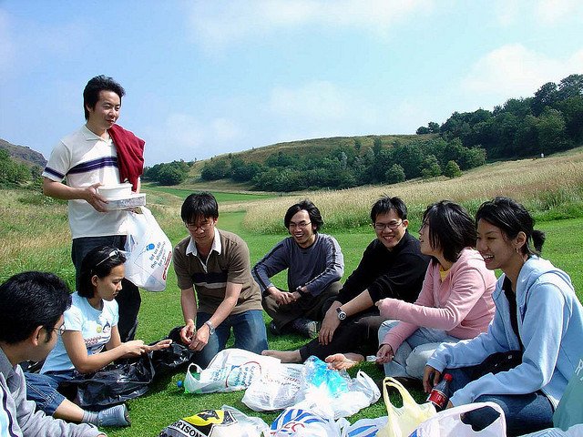 Thai students in Edinburgh 'BBQ' party at Holyrood park, with three guests from Liverpool (not in the picture).